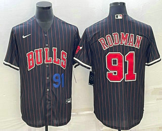 Mens Chicago Bulls #91 Dennis Rodman Number Black With Patch Cool Base Stitched Baseball Jersey->chicago bulls->NBA Jersey